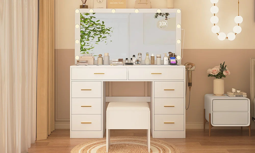 Coiffeuse à 8 tiroirs avec miroir et tabouret