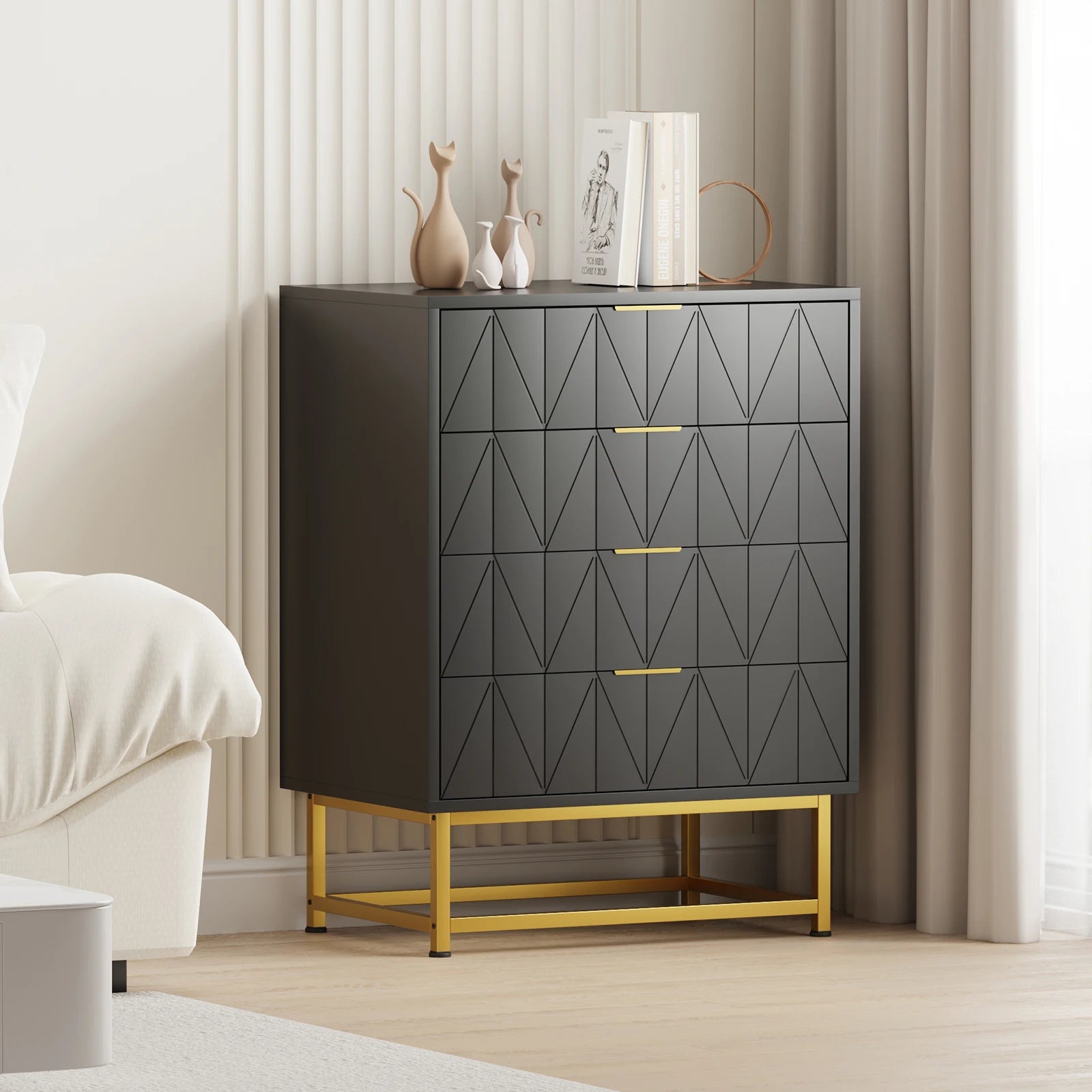 Commode noire 4 tiroirs à motif arbre 60 × 40 × 79 cm