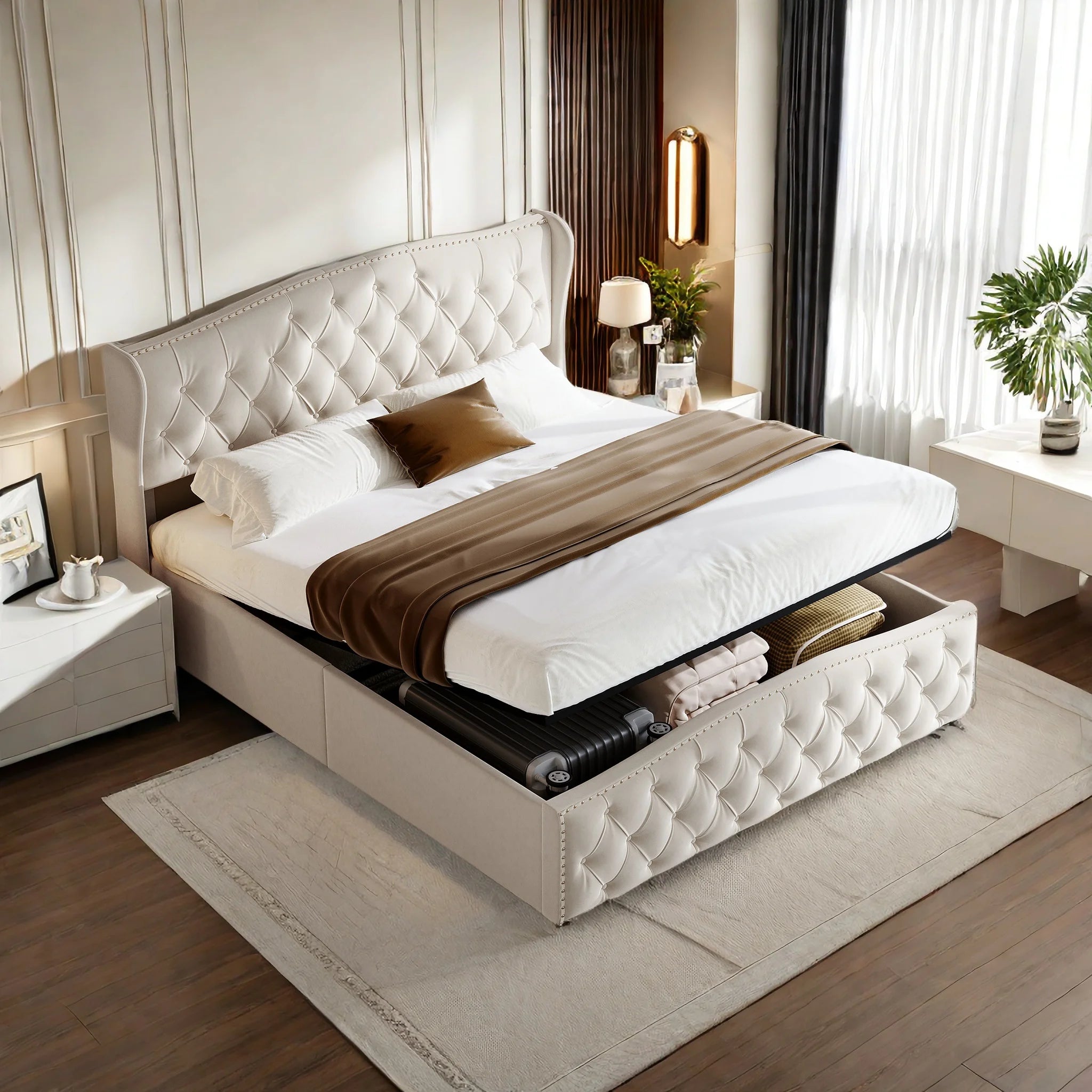 Lit double coffre en velours 140 ou 160 × 200 cm