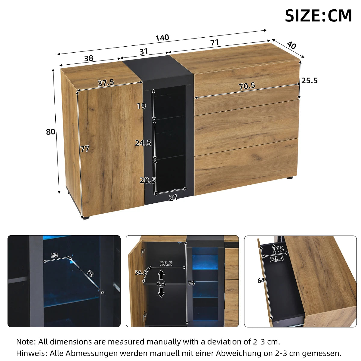 Buffet moderne 140 cm avec vitrine LED et 3 tiroirs