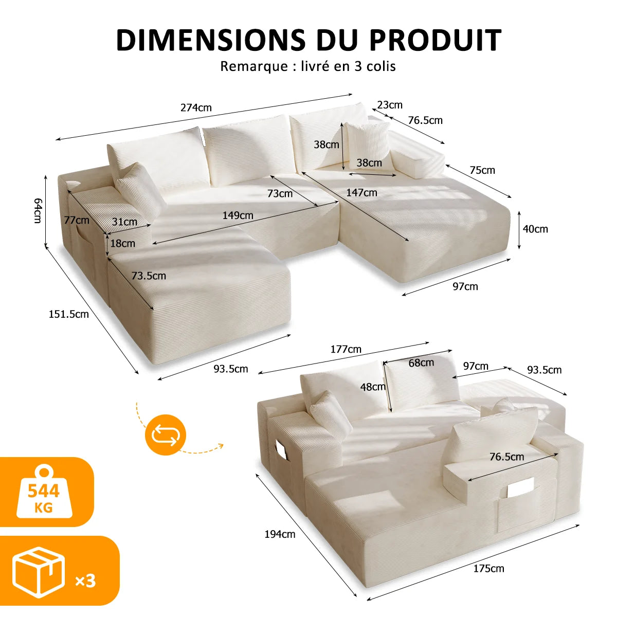 Canapé en U modulable en velours côtelé 275 × 175 cm