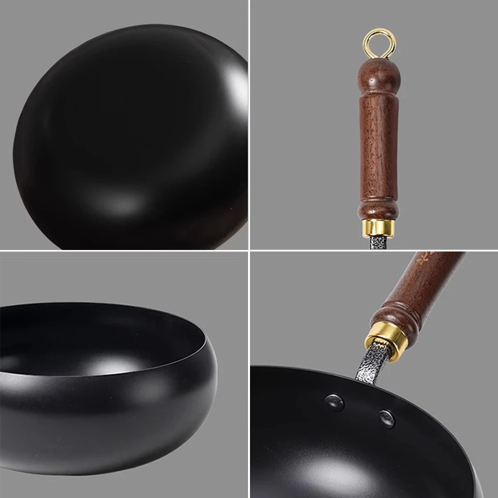Wok en fer non revêtu avec couvercle en bois