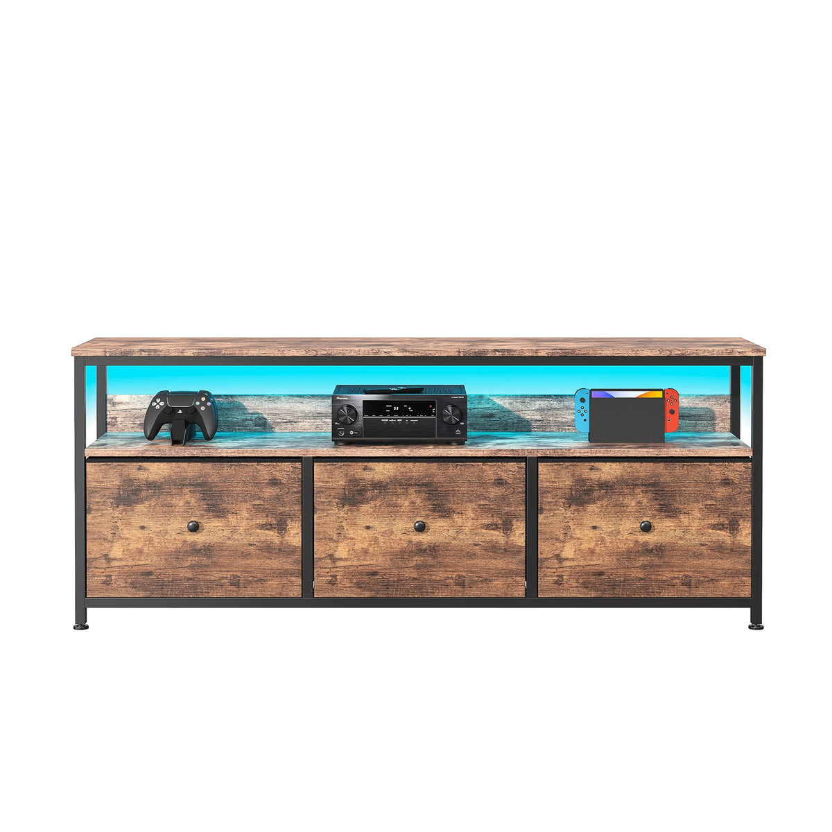 Meuble TV vintage avec LED et trois tiroirs textiles, illustration 3