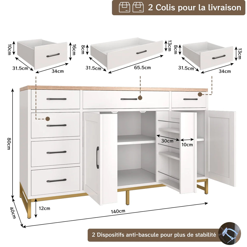 Buffet blanc avec tiroirs et portes, dimensions indiquées pour l’espace de rangement