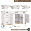 Buffet blanc avec tiroirs et portes, dimensions indiquées pour l’espace de rangement