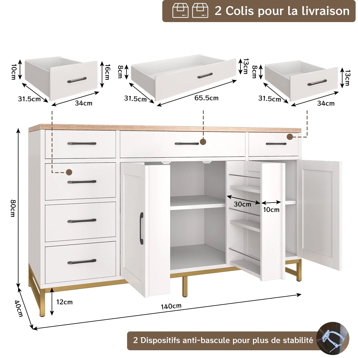 Buffet blanc avec tiroirs et portes, dimensions indiquées pour l’espace de rangement