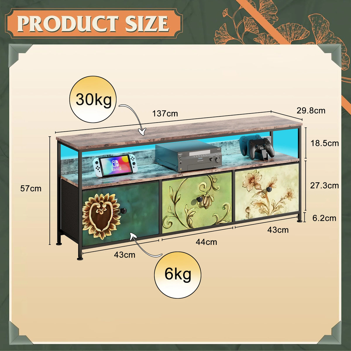 Meuble TV vintage avec LED et trois tiroirs textiles, modèle Color-137 × 29.8 × 57cm