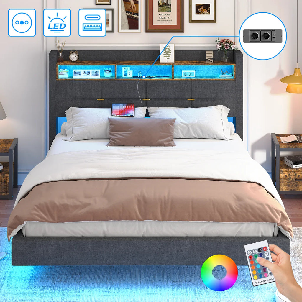 Lit effet flottant avec LED, 2 prises et 2 ports USB