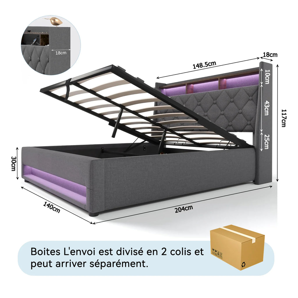 Lit coffre 140 × 190 cm avec LED et ports USB