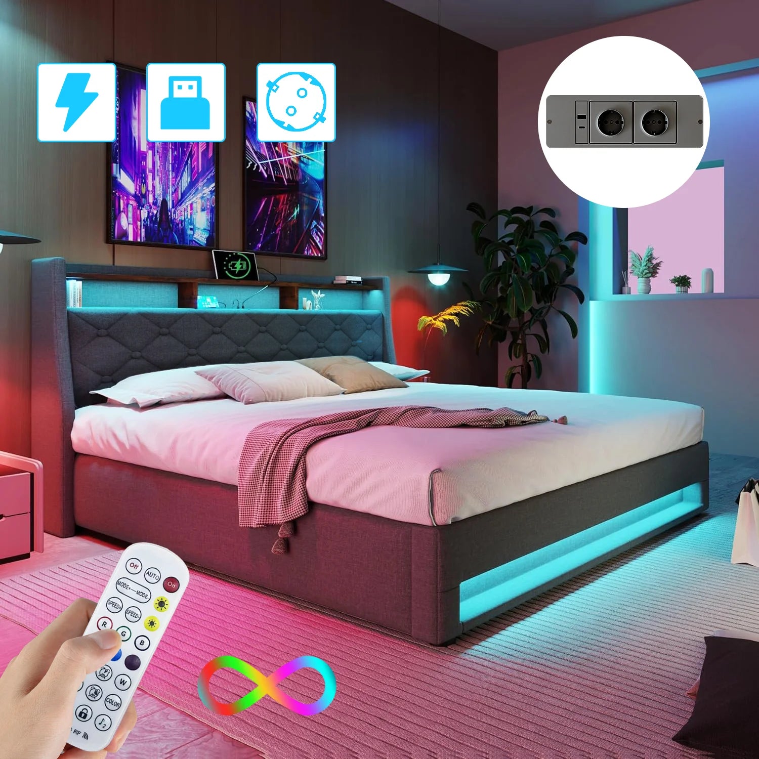 Lit coffre 140 × 190 cm avec LED et ports USB