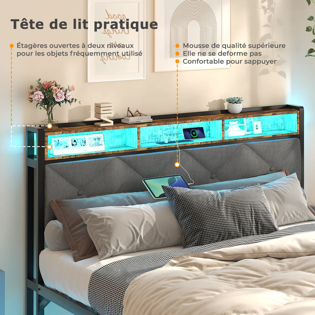 Lit 140 × 190 cm avec LED, USB et rangement