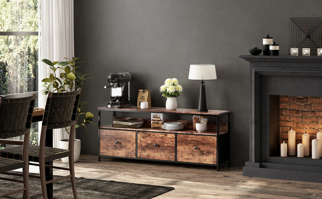 Meuble TV vintage avec LED et trois tiroirs textiles, illustration 8
