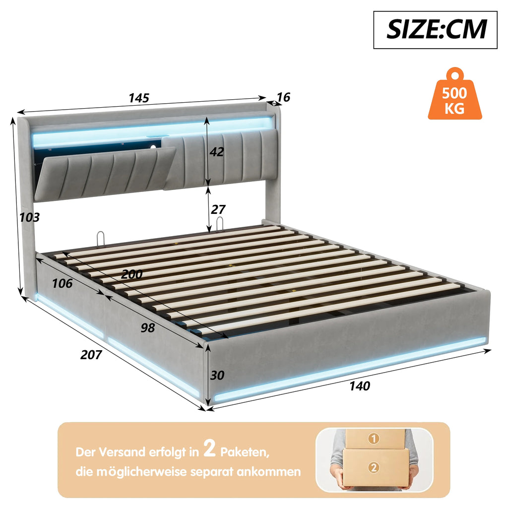 Lit coffre 140 × 200 cm avec LED et port USB
