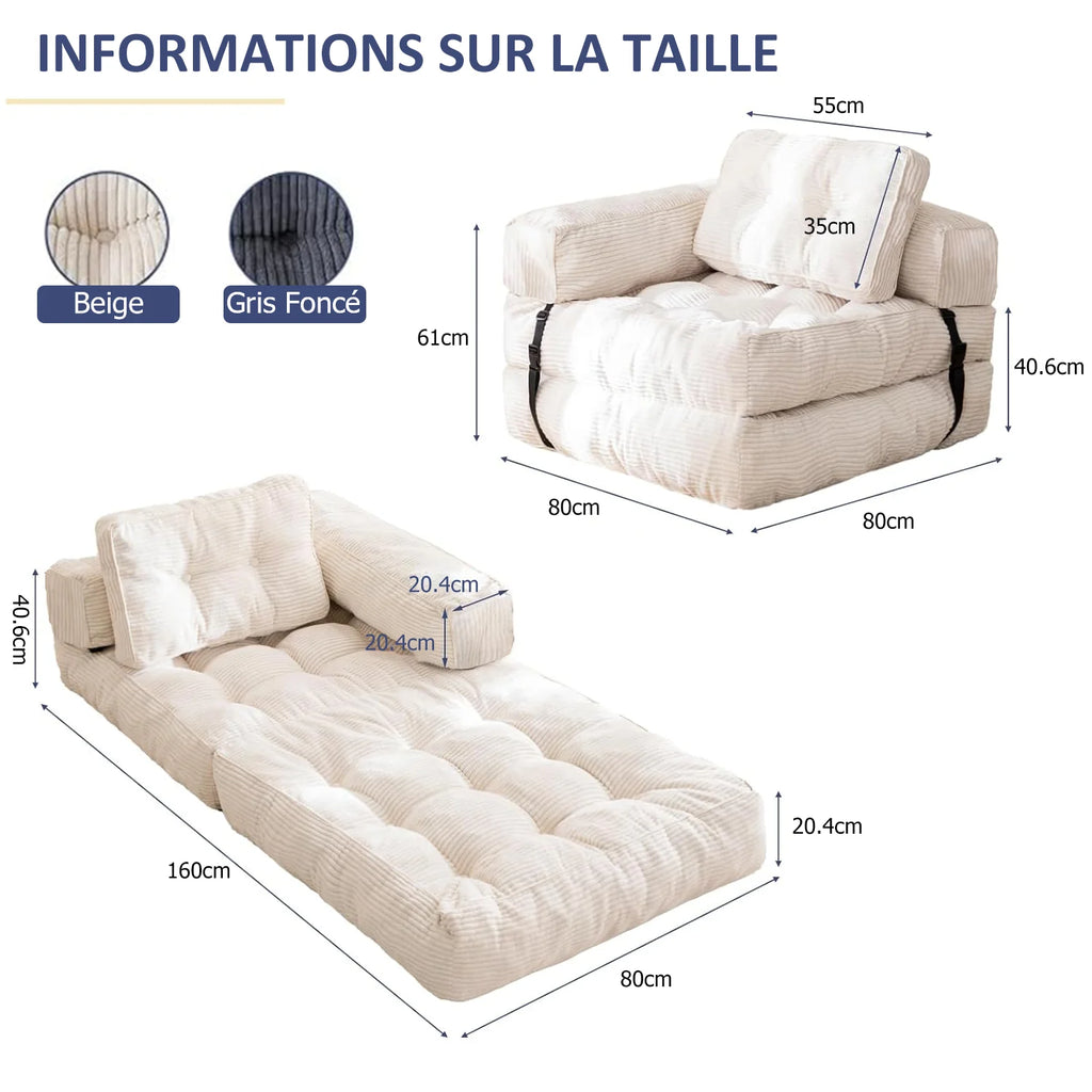 Canapé compact convertible 80 × 80 cm avec accoudoirs
