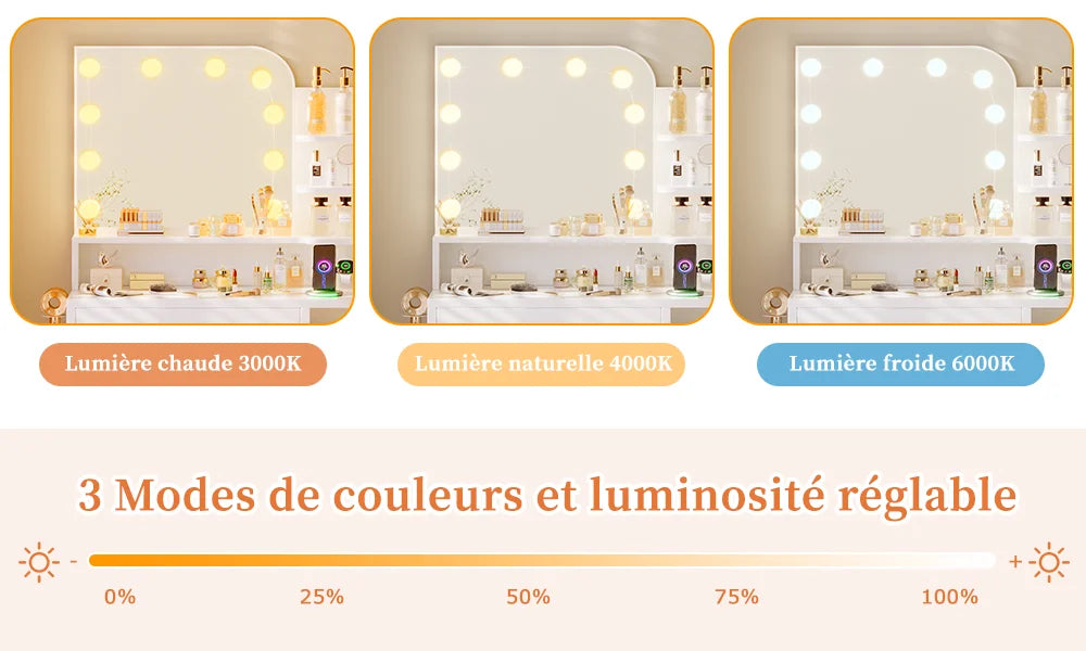 Coiffeuse avec miroir LED, tabouret et 4 tiroirs