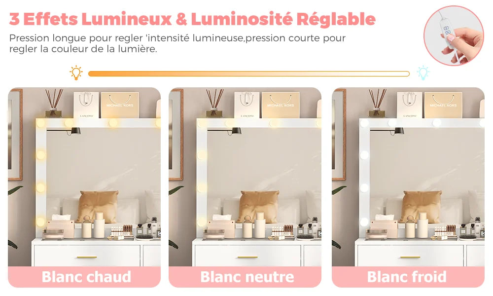 Coiffeuse à 8 tiroirs avec miroir et tabouret