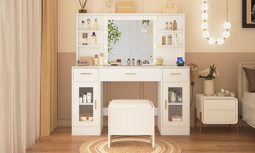 Coiffeuse avec miroir LED, 3 tiroirs et tabouret