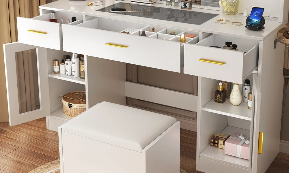 Coiffeuse avec miroir LED, 3 tiroirs et tabouret