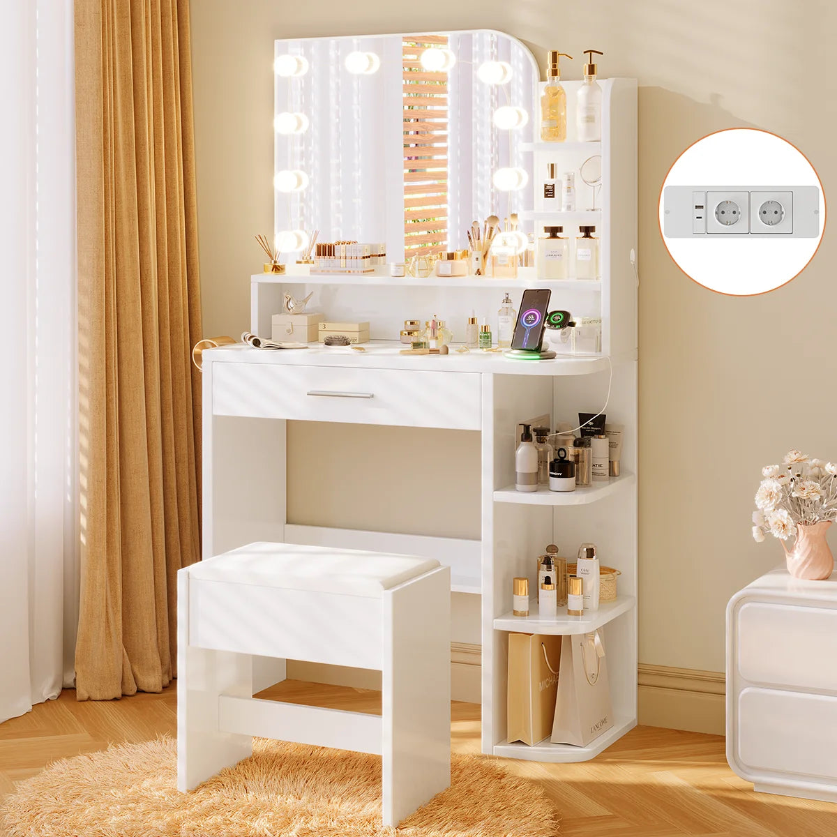Coiffeuse avec miroir LED, tabouret et 4 tiroirs