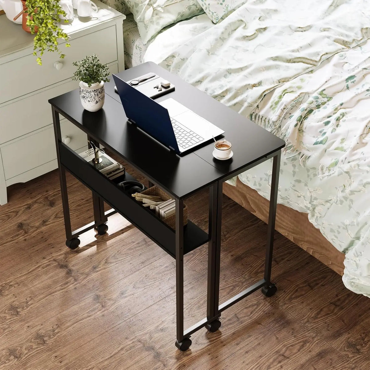 Bureau pliable à roulettes avec étagère de rangement, coloris noir, visuel 9