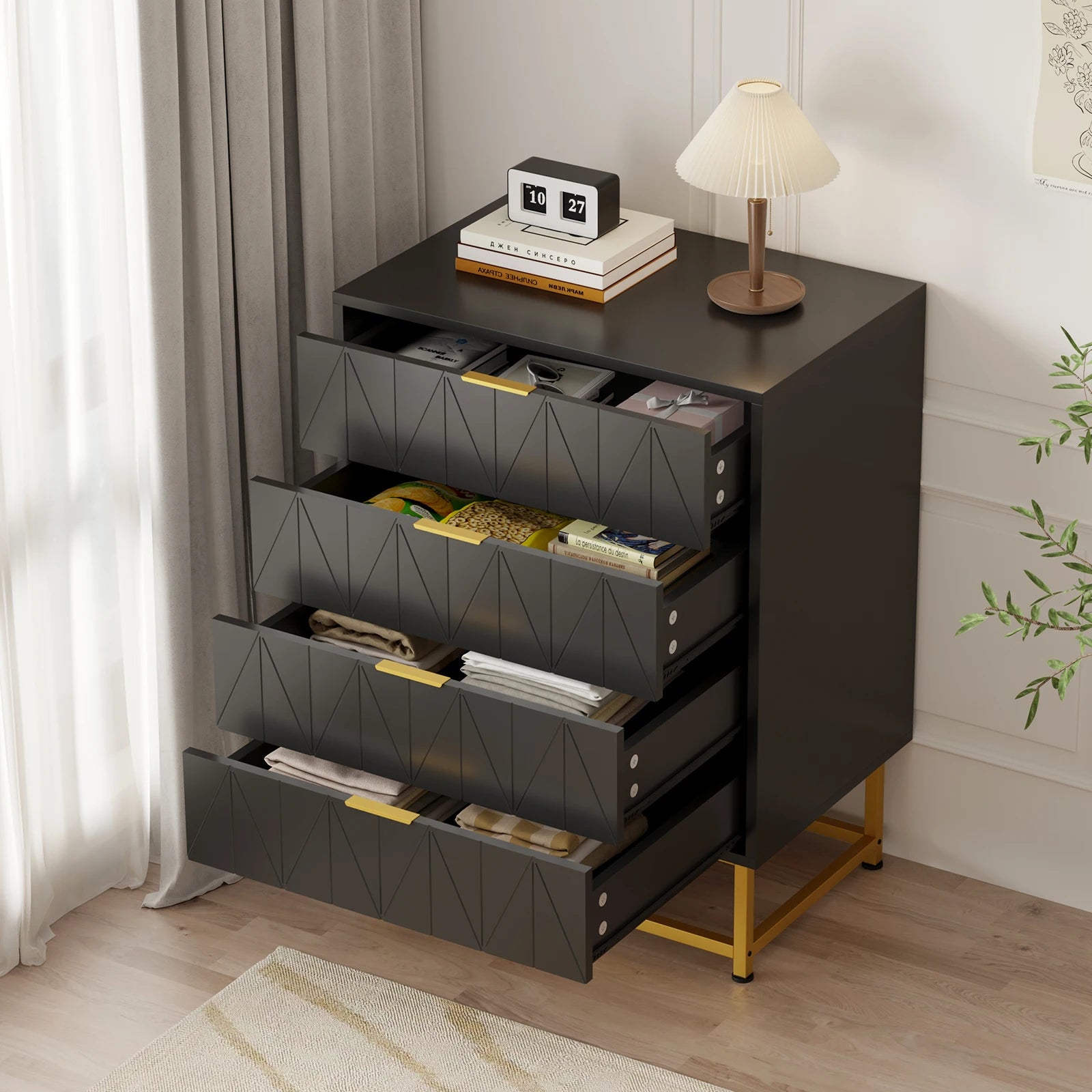 Commode noire 4 tiroirs à motif arbre 60 × 40 × 79 cm