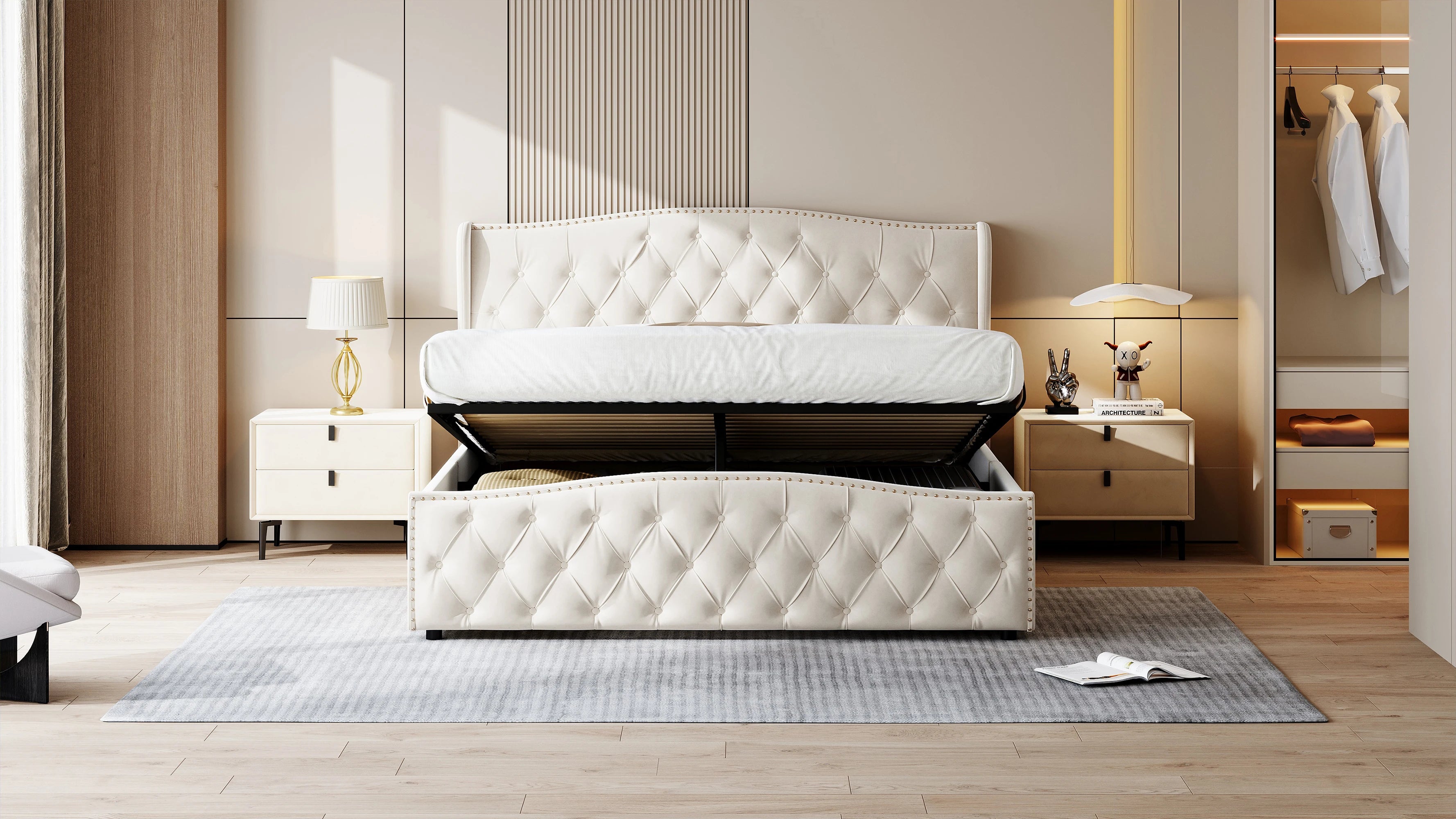 Lit double coffre en velours 140 ou 160 × 200 cm