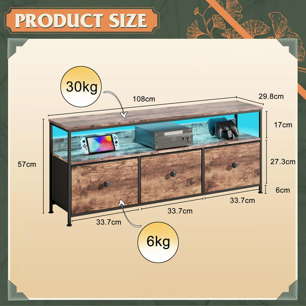Meuble TV vintage avec LED et trois tiroirs textiles, modèle motif tigré-108 × 29.8 × 57cm