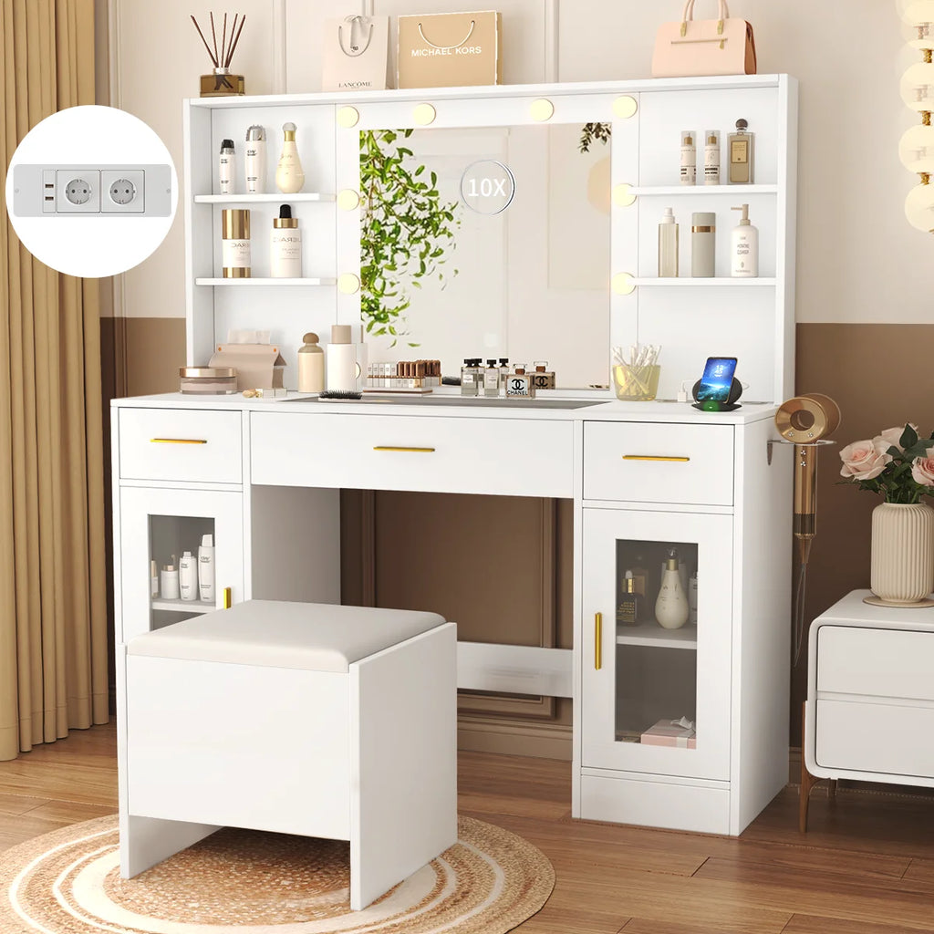 Coiffeuse avec miroir LED, 3 tiroirs et tabouret