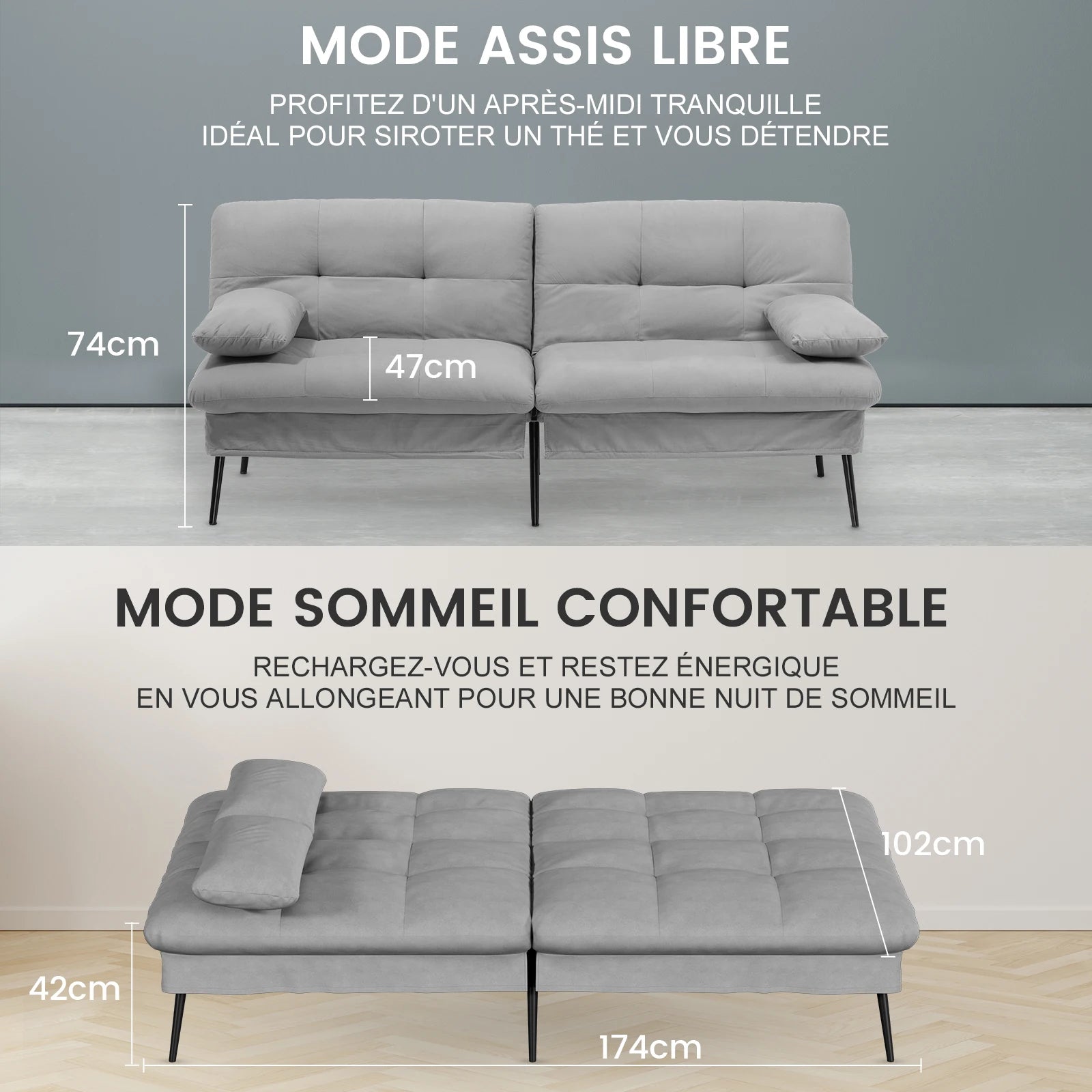Canapé-lit 3 places à dossier réglable 174 cm
