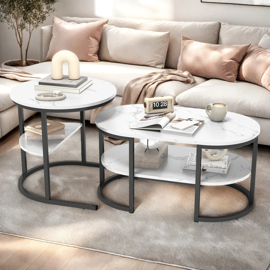 Tables basses gigognes ronde et ovale, effet marbre clair — deux plateaux clairs
