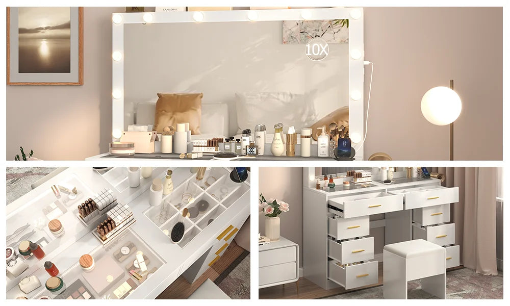 Coiffeuse à 8 tiroirs avec miroir et tabouret
