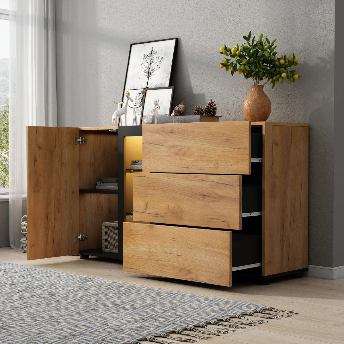 Buffet moderne 140 cm avec vitrine LED et 3 tiroirs