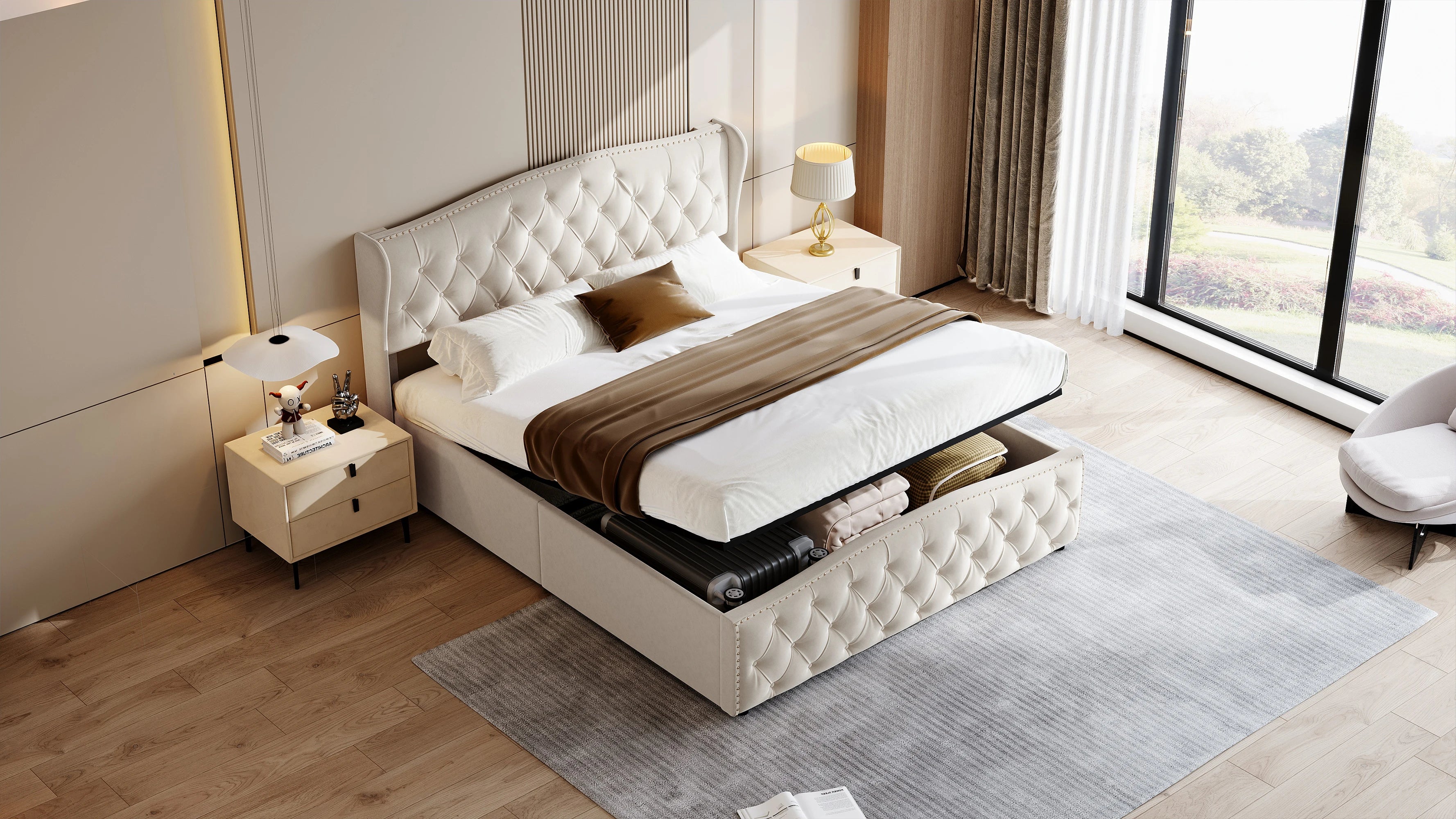 Lit double coffre en velours 140 ou 160 × 200 cm