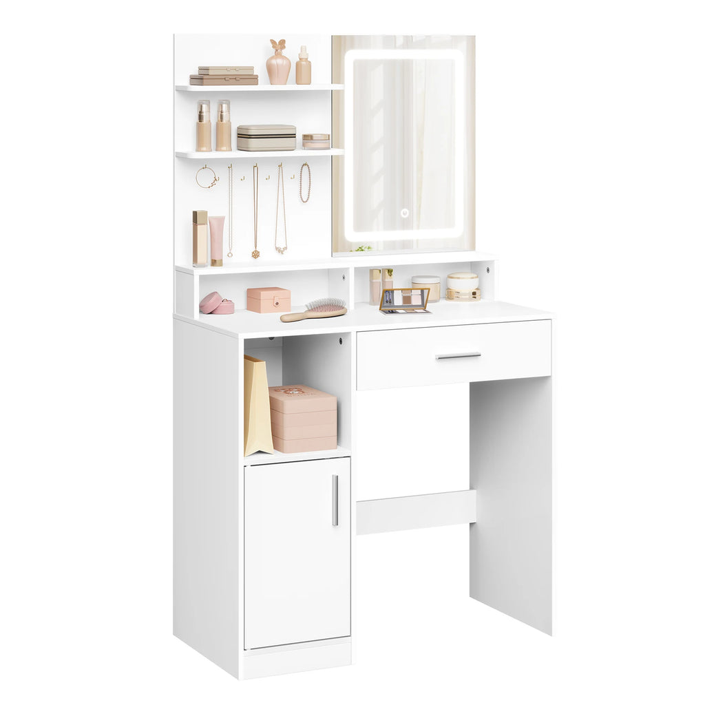 Coiffeuse blanche avec miroir LED et rangement
