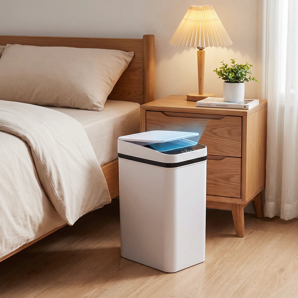 Poubelle à capteur 12 L blanche avec couvercle ouvert, détection automatique
