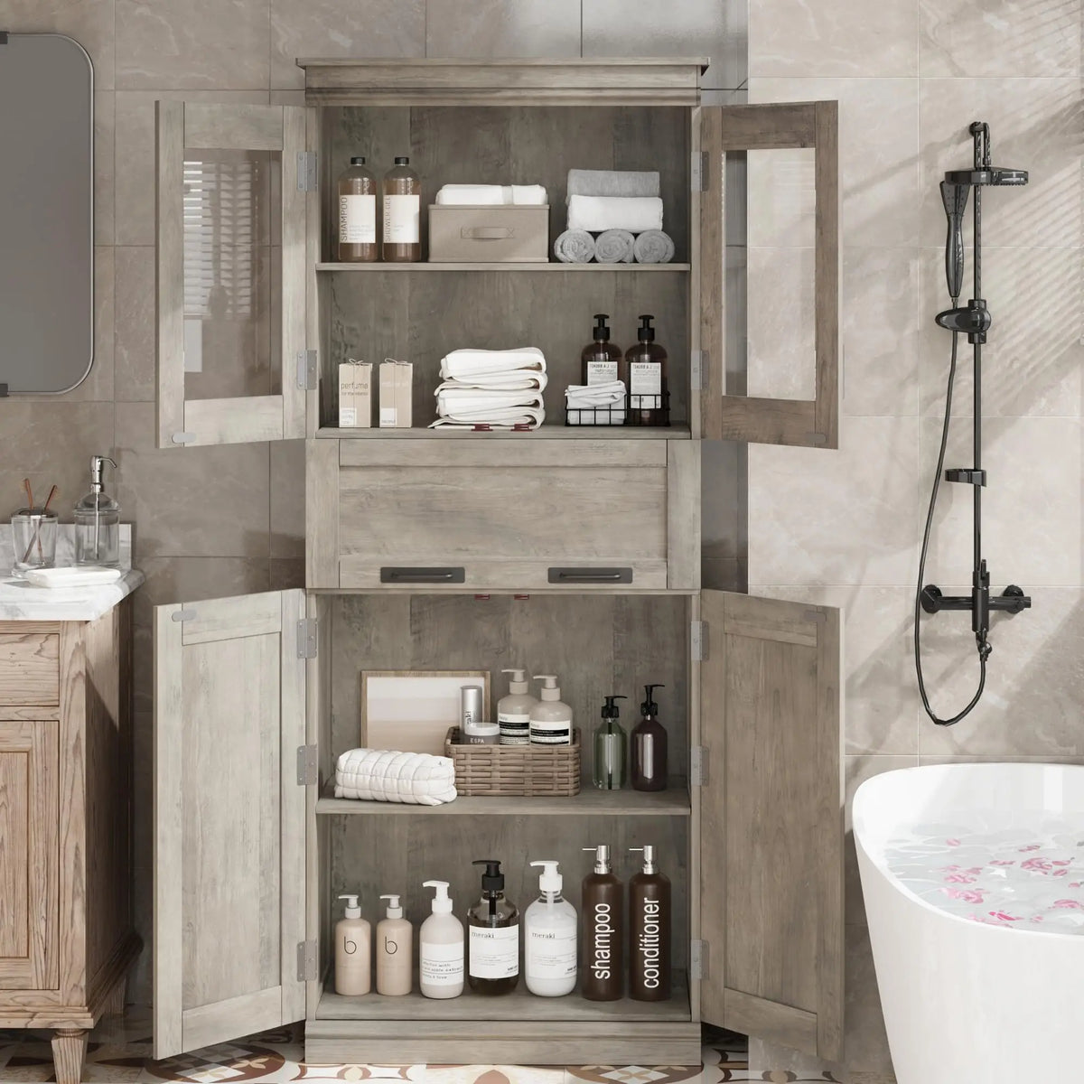 Colonne de salle de bain grise 170 cm avec rangement et portes vitrées, visuel 5