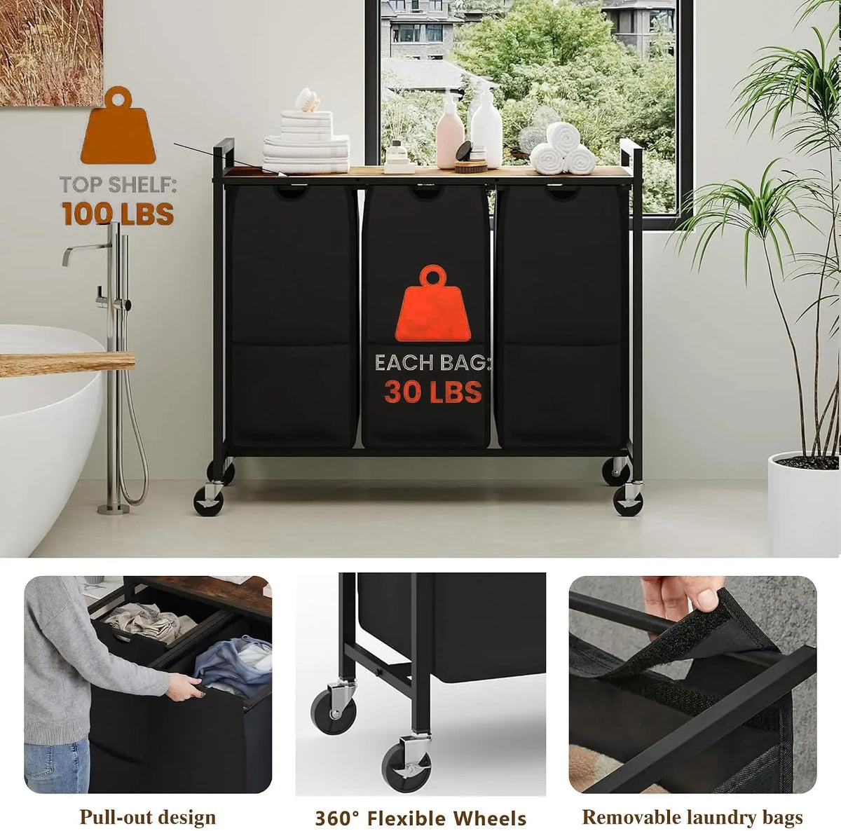 Trieur de linge 120 L à trois sections et roulettes, illustration 4