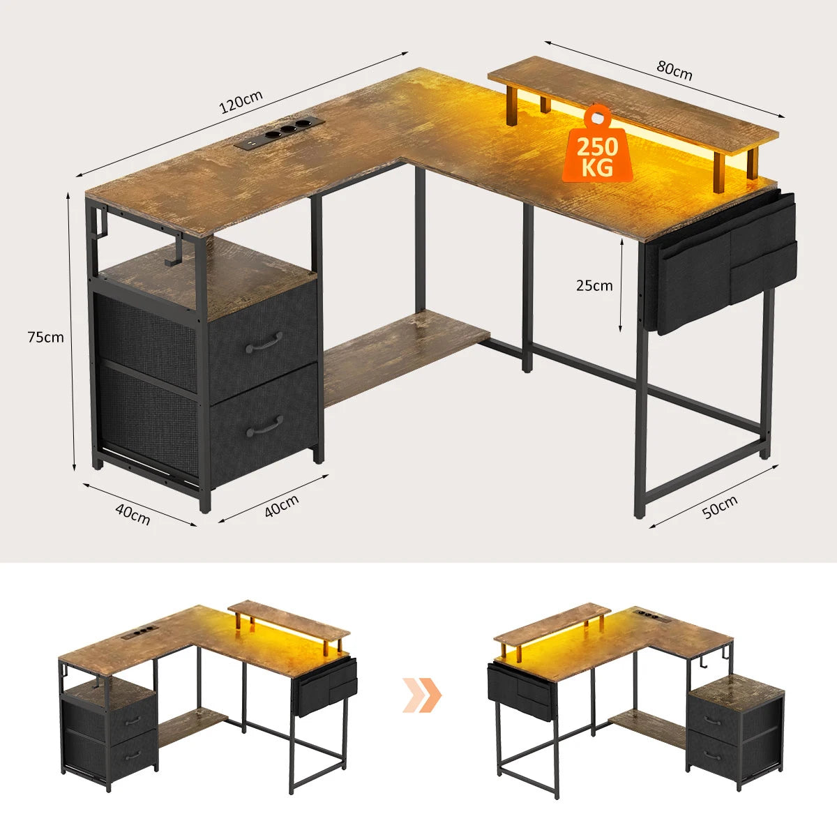 Bureau d’angle réversible LED avec prises et USB
