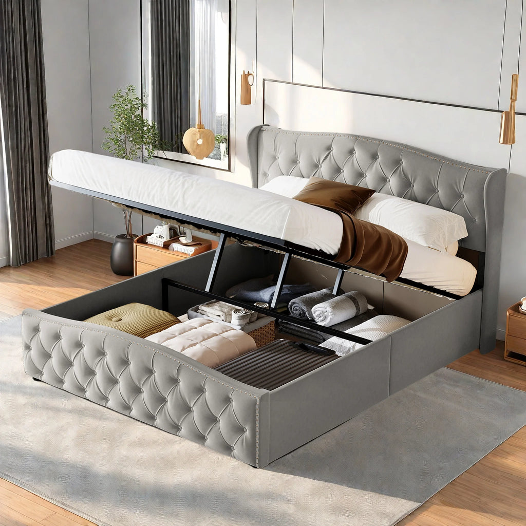 Lit double coffre en velours 140 ou 160 × 200 cm