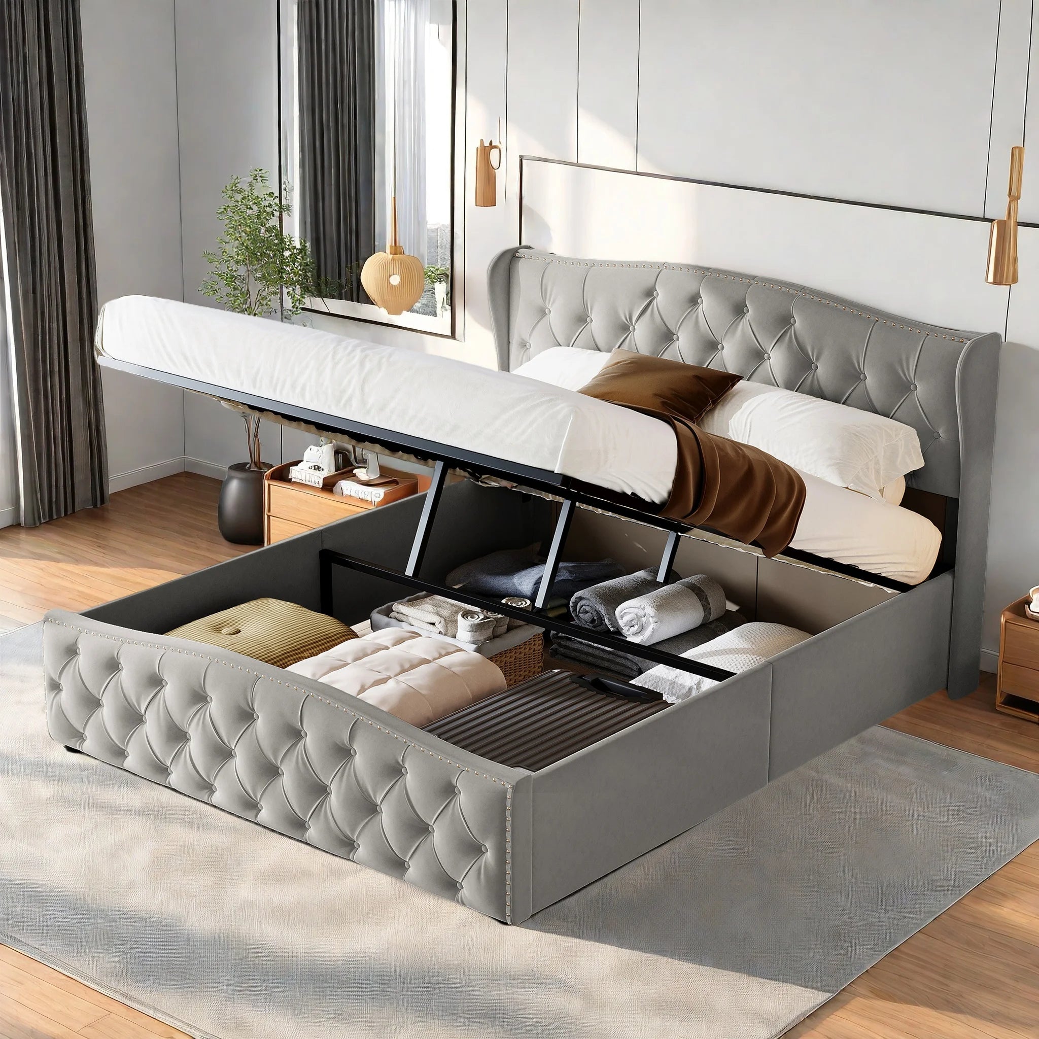 Lit double coffre en velours 140 ou 160 × 200 cm