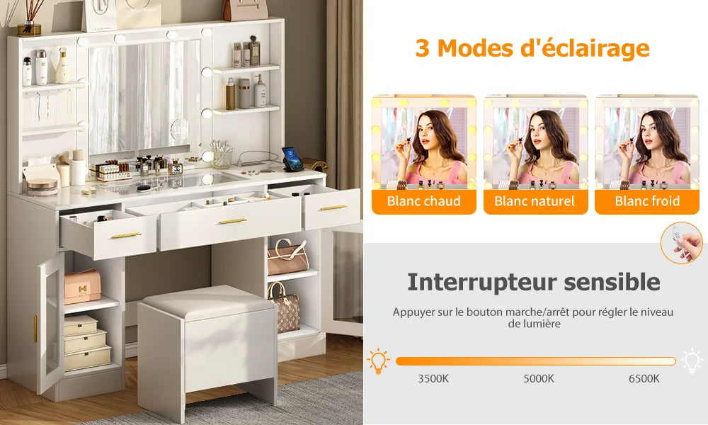 Coiffeuse avec miroir LED, 3 tiroirs et tabouret