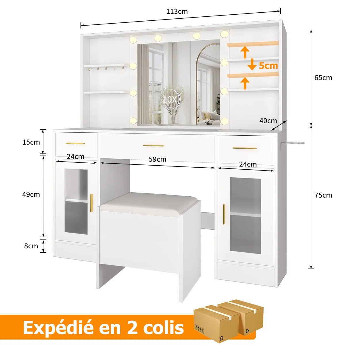 Coiffeuse avec miroir LED, 3 tiroirs et tabouret — Blanc