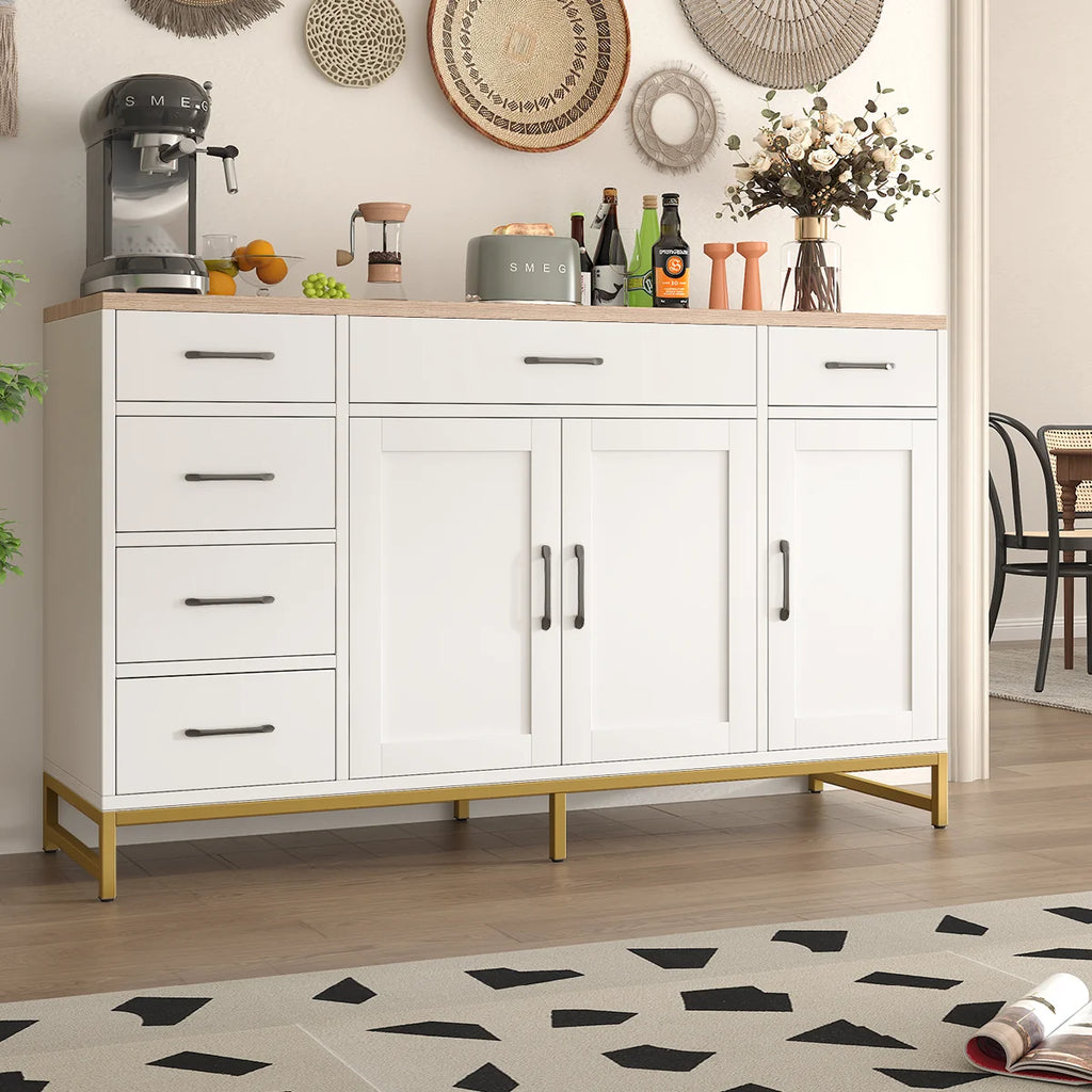 Buffet blanc avec 2 portes et 4 tiroirs, pieds en bois, vue de face