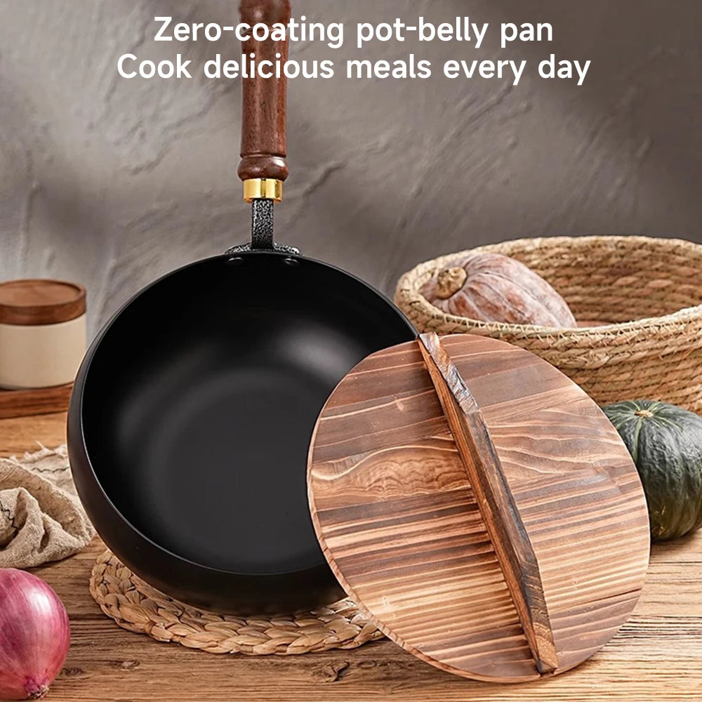 Wok En Fer Forgé 24 Et 28 Cm Avec Couvercle En Bois Induction
