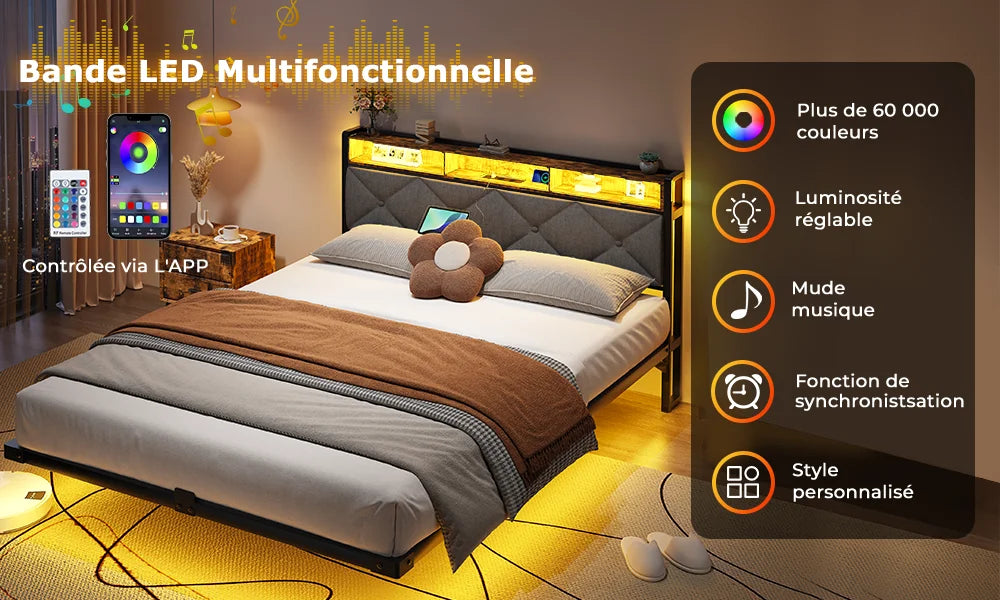 Lit 140 × 190 cm avec LED, USB et rangement