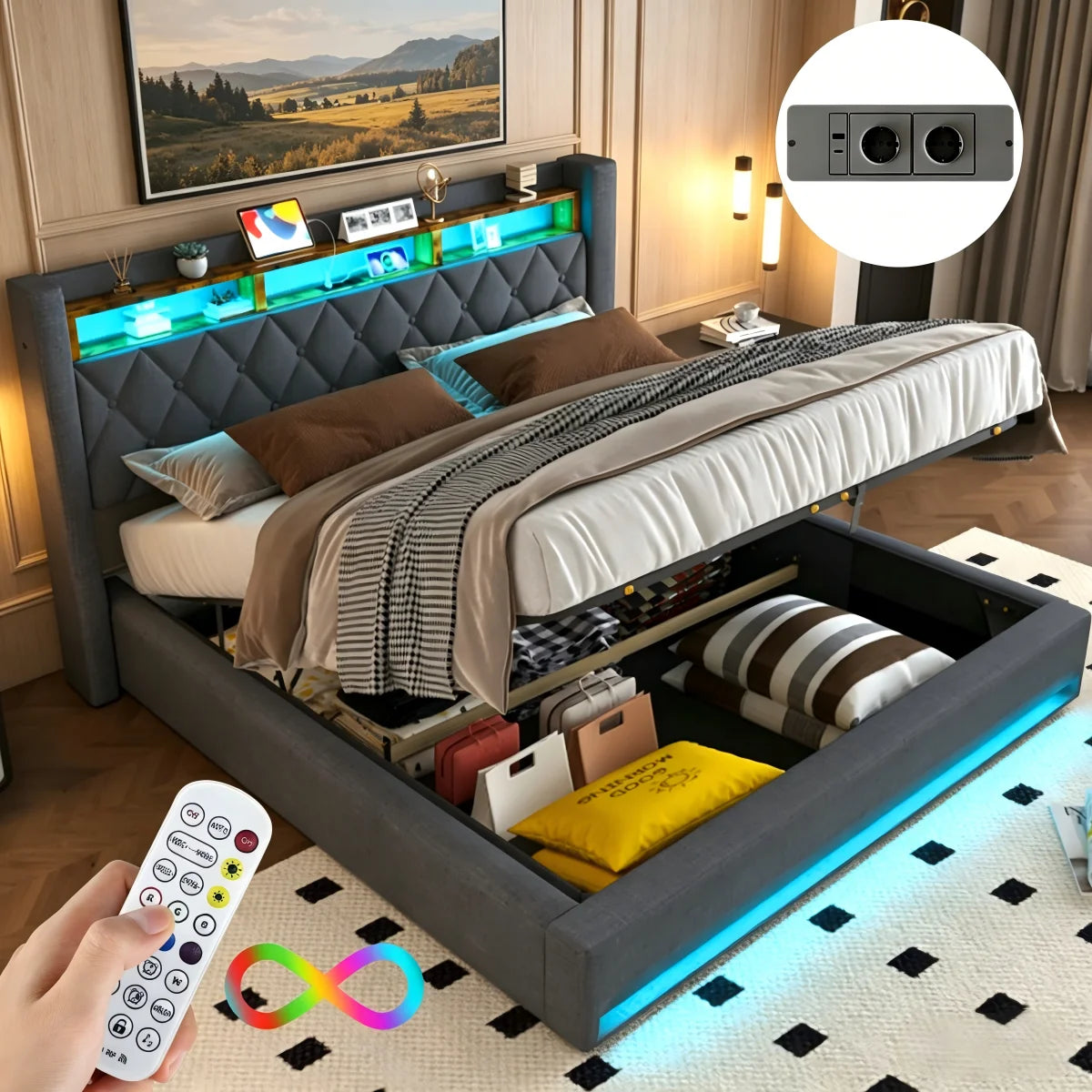 Lit coffre 140 × 190 cm avec LED et ports USB