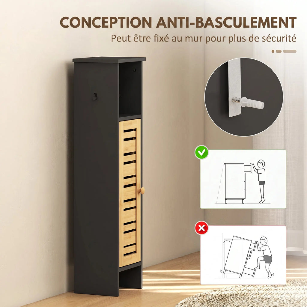 Meuble WC étroit en bois et bambou avec porte-rouleau