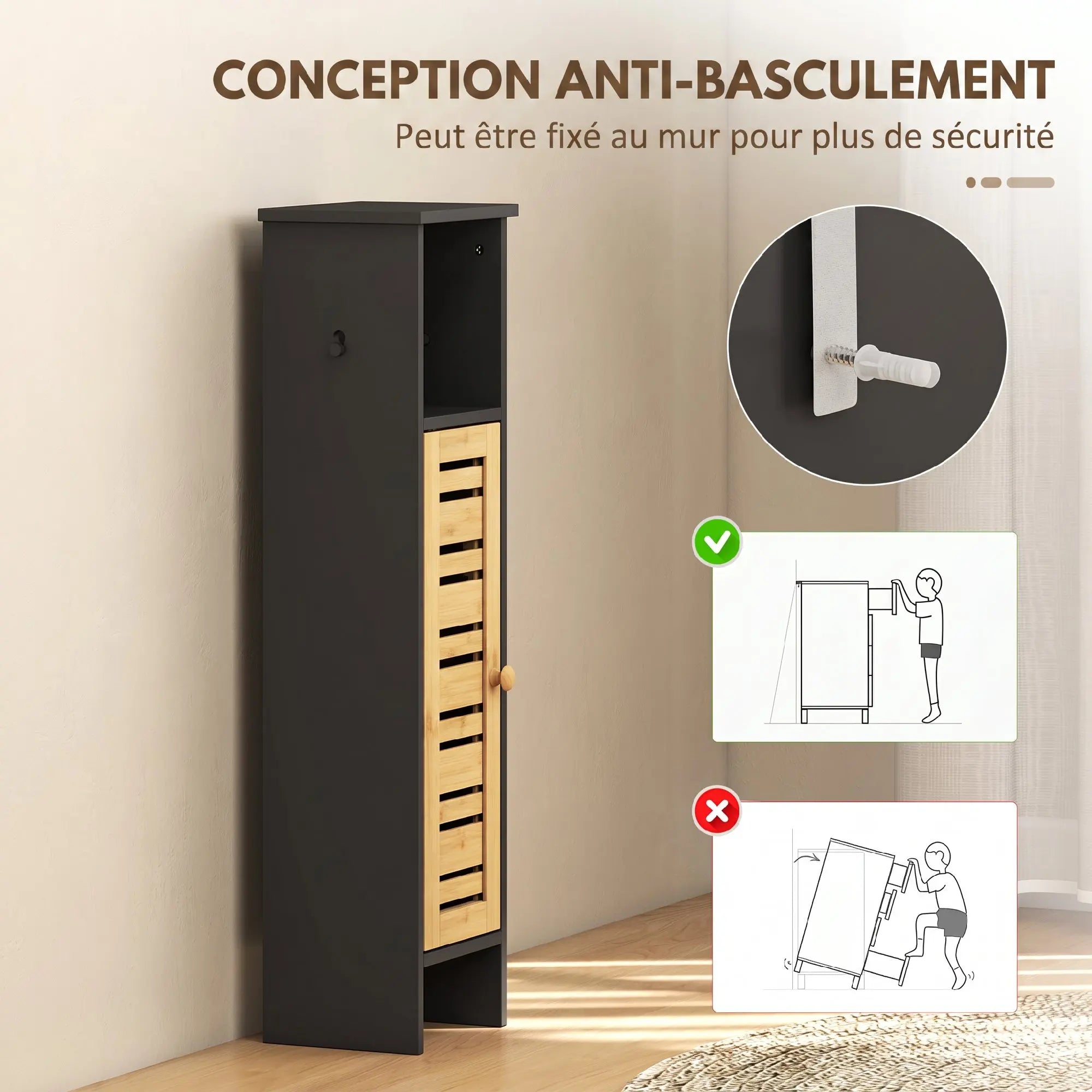 Meuble WC étroit en bois et bambou avec porte-rouleau