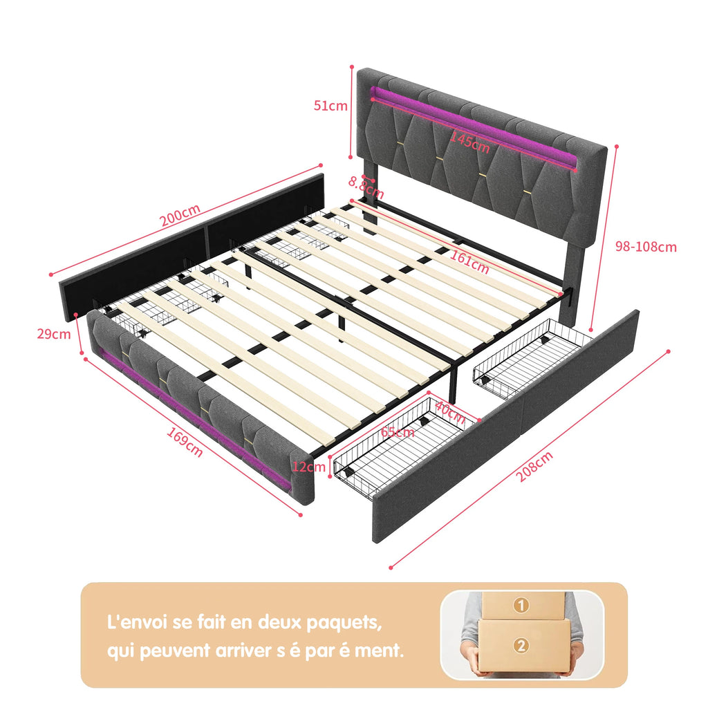 Lit double rembourré avec 4 tiroirs