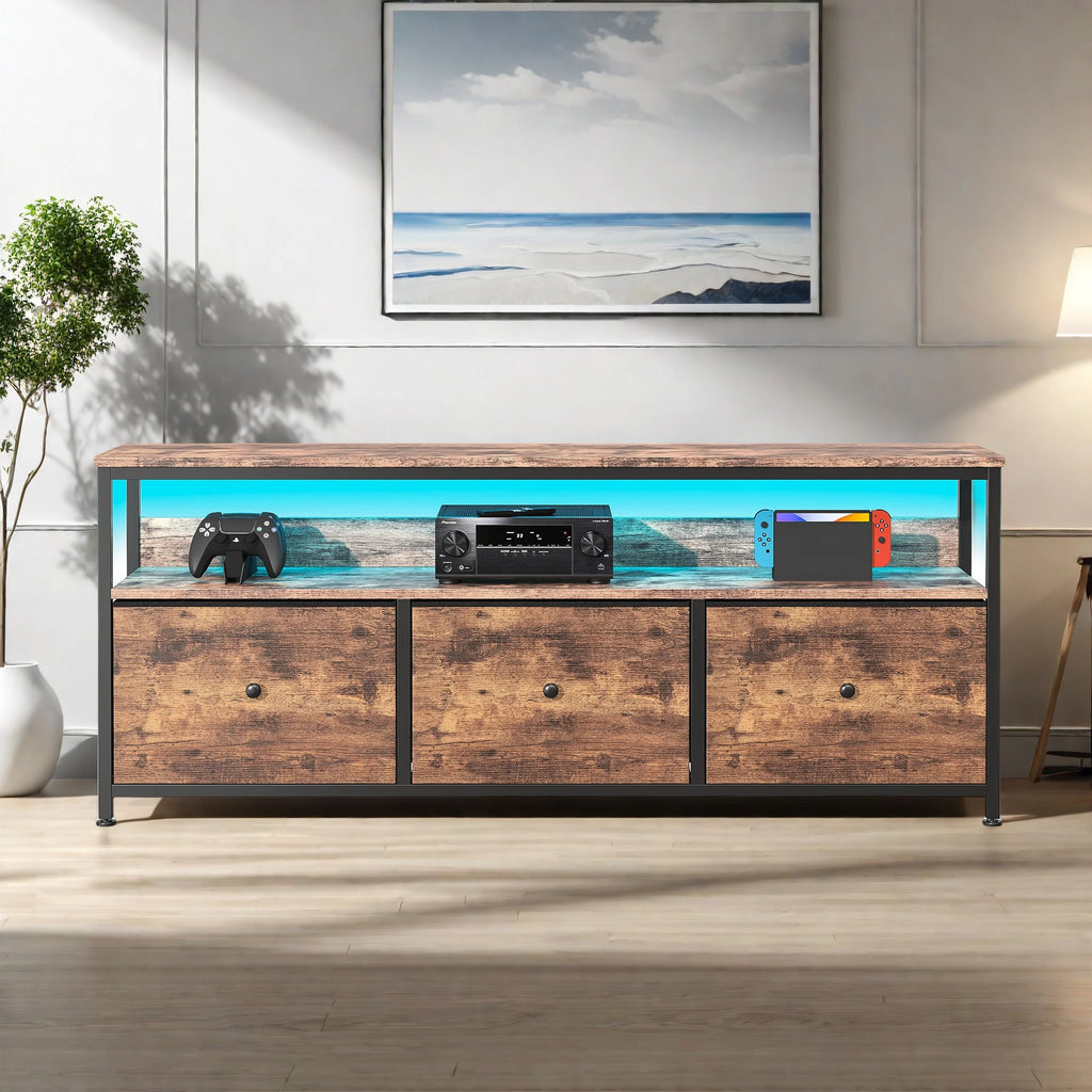 Meuble TV vintage avec LED et trois tiroirs textiles, illustration 1
